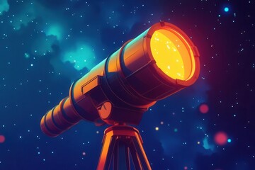 Naklejka premium A vibrant telescope in a cosmic setting, illuminated against a backdrop of stars and galaxies, inviting exploration of the universe.