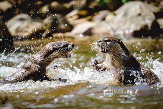 Playful otters splashing in a river, showcasing fun and liveliness. Bright natural light, river background.