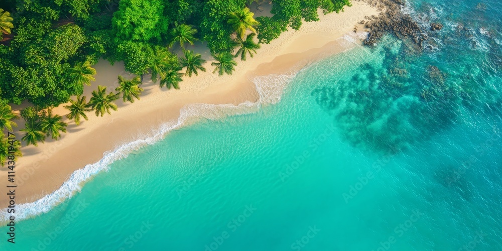 Poster top view of a tropical beach displaying a stunning blue sky, perfect for creating a serene backgroun