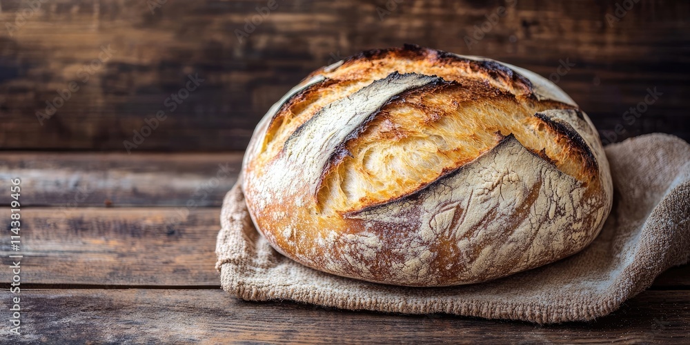 Poster freshly baked bread displayed on a rustic wooden background, showcasing the appetizing texture and g