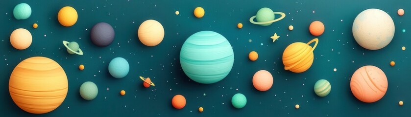 Fototapeta premium A colorful illustration of various planets and celestial bodies set against a dark background, showcasing a vibrant cosmic scene.