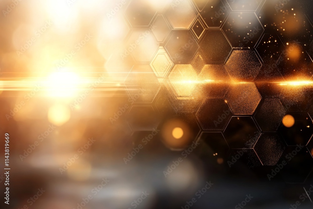 Poster Dynamic hexagonal patterns illuminated by warm golden light shimmering in a blurred background