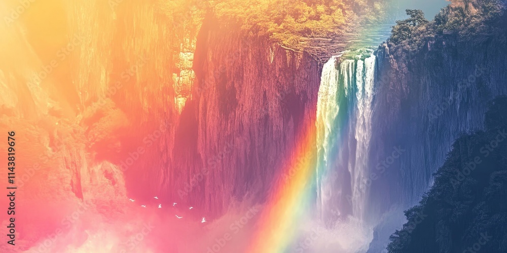 Aufkleber cliff at a waterfall featuring a vibrant rainbow at its base, showcasing the natural beauty and stun