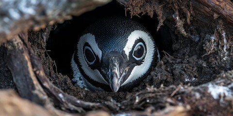 Closeup view of an African penguin nesting, showcasing the unique behavior of African penguins in their natural habitat while highlighting their nesting process. Enjoy this captivating African penguin