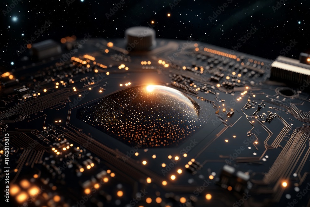 Poster exploration of a circuit board illuminated by glowing elements and cosmic backdrop, showcasing intri