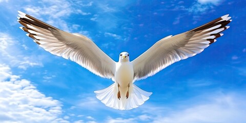 Obraz premium Seagull soaring gracefully with open wings against a bright blue sky, embodying the beauty of nature. Witness the elegance of a seagull in flight under the expansive blue sky.