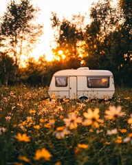 Vintage Caravan in Flower Field at Sunset Under Golden Light