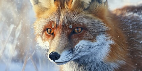 Obraz premium Close up view of a wild red fox Vulpes vulpes , showcasing the distinctive features and vibrant colors of the wild red fox in its natural habitat, emphasizing the beauty of the wild red fox.