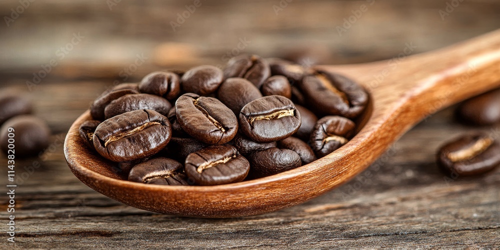 Poster Coffee beans displayed in a wooden spoon resting on a rustic wooden table highlight the rich texture and color of the coffee beans, inviting you to enjoy the essence of coffee beans.