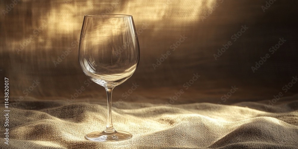 Poster close up view of an empty wine glass set against a sackcloth background, beautifully illuminated by 
