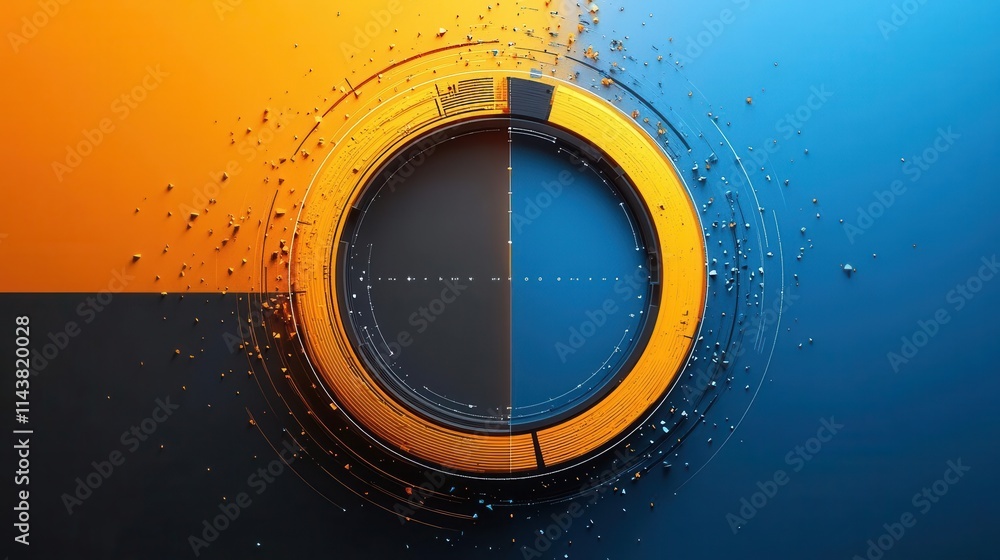Poster a vibrant circular design split between orange and blue, featuring dynamic textures and a sense of m
