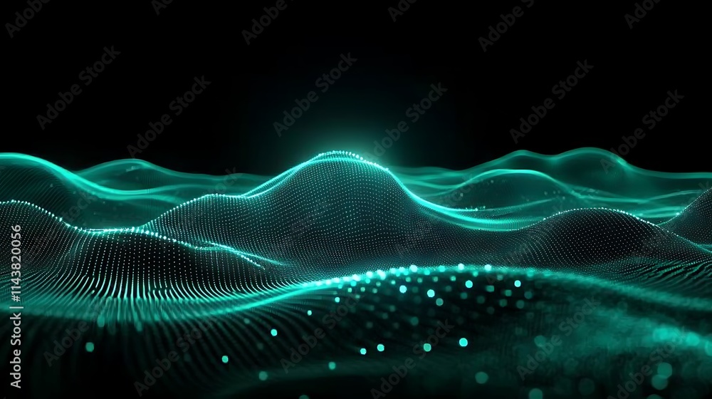 Poster abstract digital waves in turquoise and black with glowing particles for background use