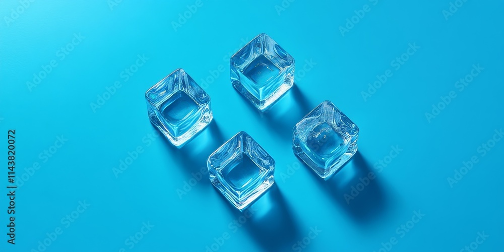 Aufkleber Four ice cubes with a blue hue are set against a matching blue background. This top view showcases the unique appearance of these ice cubes in a visually appealing way.
