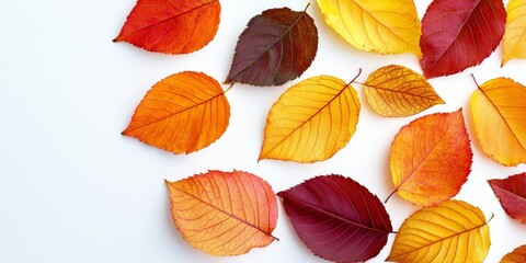 Obraz premium Close up of autumn leaves on a clean white background, showcasing the beauty of autumn leaves illuminated by soft sun rays, highlighting the vibrant colors of autumn leaves in detail.