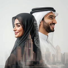 Arab business Saudi emirati kuwait qatar, vision, mission Arabian Gulf man woman couples in the traditional dress, teamwork, assistance and cooperation work, a company, work office, building, corporat