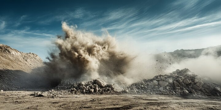 A series of images capturing a blasting operation that facilitates a rock hill for an airport runway expansion project, showcasing the dynamic process involved in the airport runway development.
