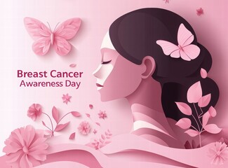 Bright pink background with paper-cut silhouette of a woman and child for Cancer Awareness Month. Breast Cancer Awareness Month. cancer awareness month banner with silhouettes and flowers in the shape