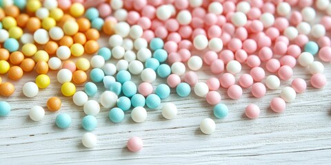 Obraz premium Dragees in various colors showcase sugar coated pills beautifully arranged on a white wooden background, highlighting the allure and appeal of these delightful dragees.