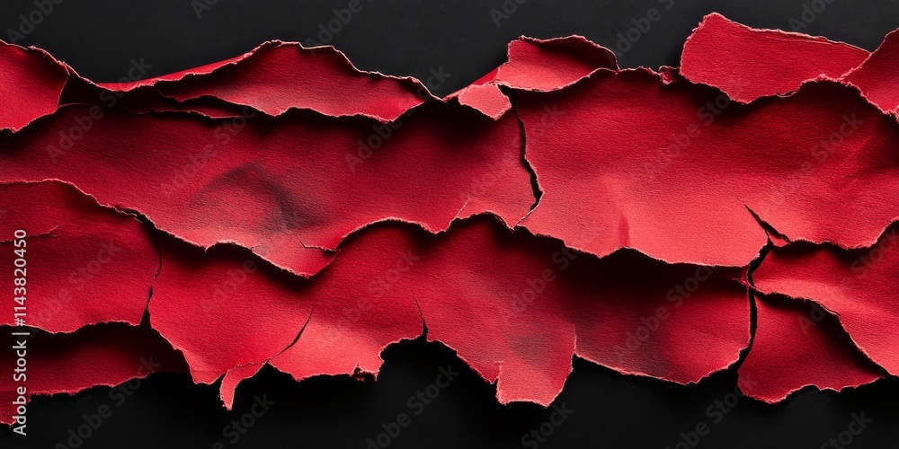 Poster red ripped paper featuring torn edges and strips, creatively displayed against a black background, s