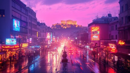 Obraz premium Cityscape at dusk with vibrant lights and historical site.