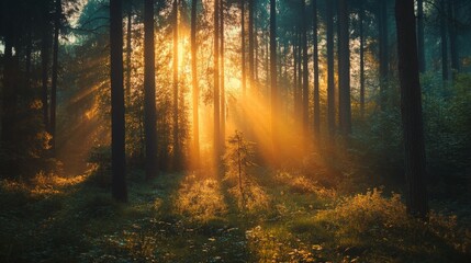 Fototapeta premium Sunlight shines through the trees in a misty forest.