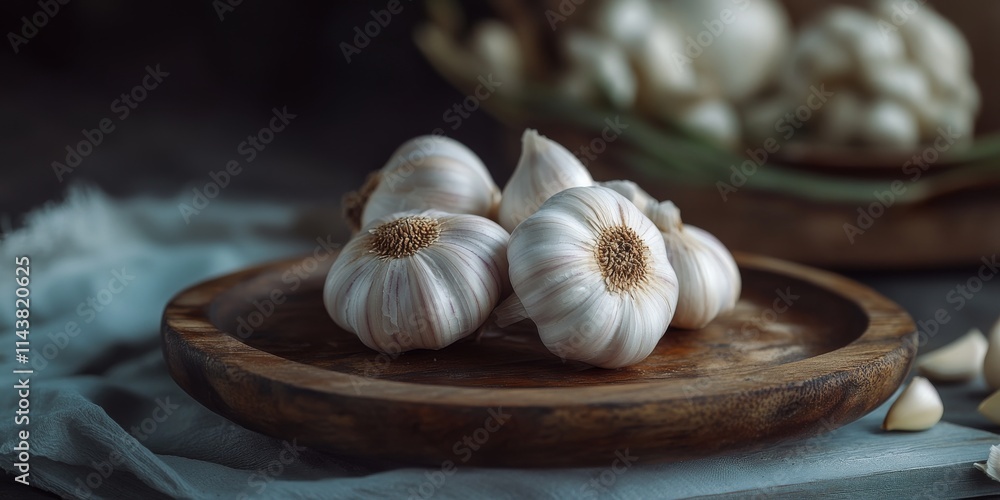 Poster Close up of garlic displayed on a wooden plate amidst a rustic background, featuring shallow depth of field and selective focus to highlight the intricate details of garlic in macro photography.