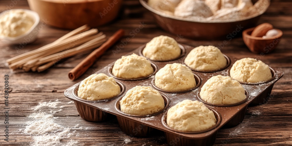 Poster muffin dough prepared in molds on a wooden table, showcasing the process of creating delicious muffi