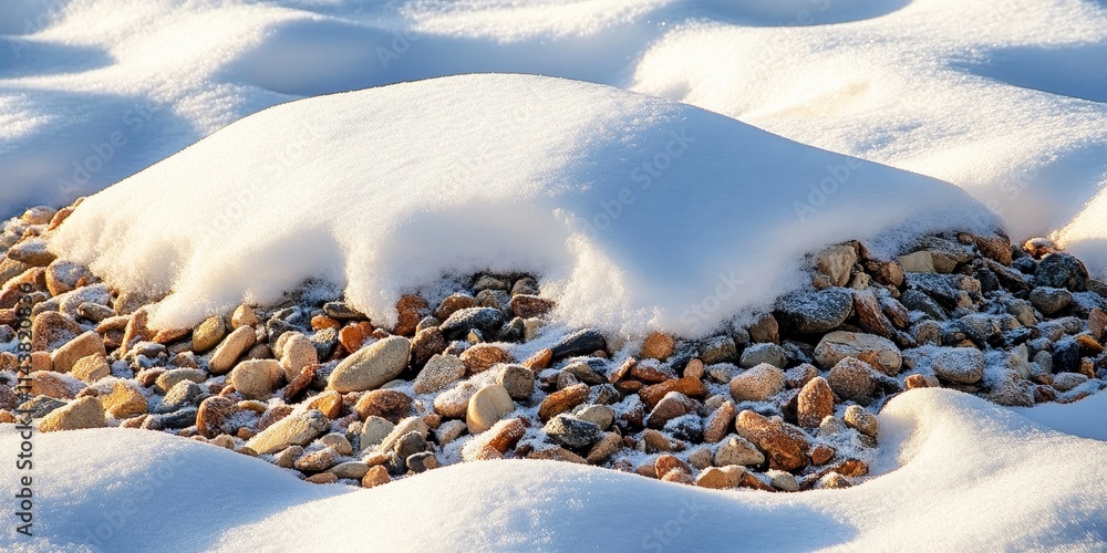 Poster Snow flows gracefully over a mound of crushed pebbles, creating a beautiful contrast between the soft snow and the rugged surface of the crushed pebbles. The snow flows enhance the scene s aesthetics.