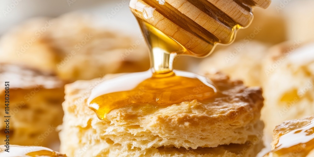 Poster close up of freshly baked homemade biscuits made with buttermilk, perfectly golden and drizzled with