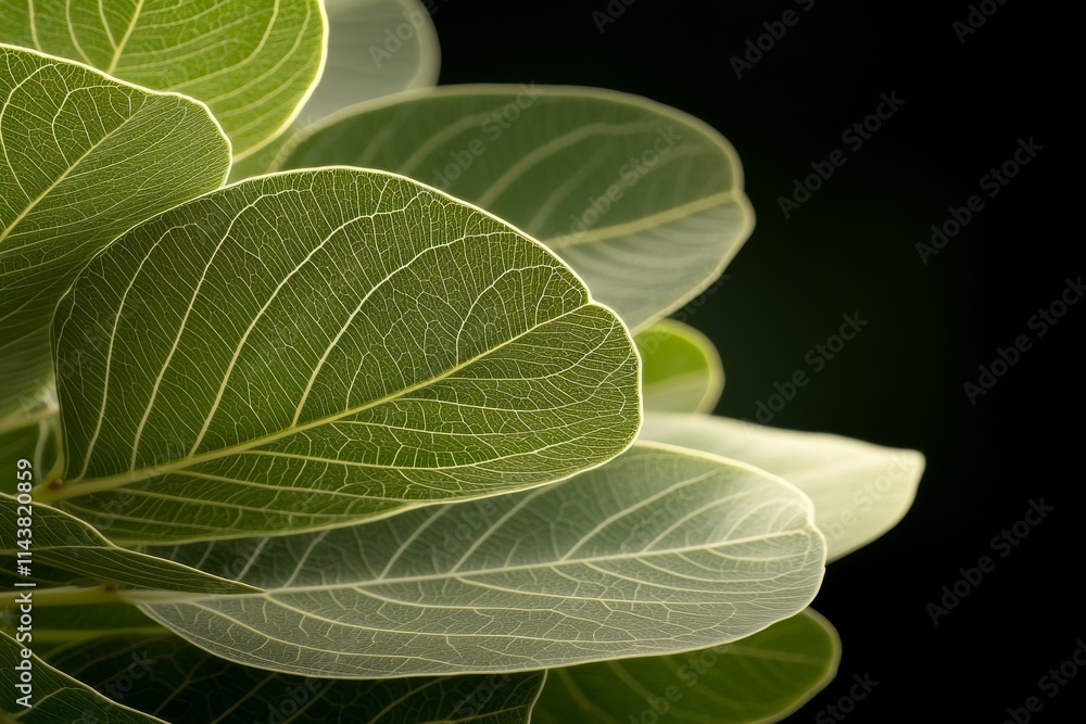 Poster close-up view of vibrant green leaves with intricate vein patterns illuminated against a dark backgr