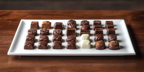 Variety of chocolates displayed on a white tray, set against a rich brown background, showcasing the delightful assortment and appealing textures of chocolates.