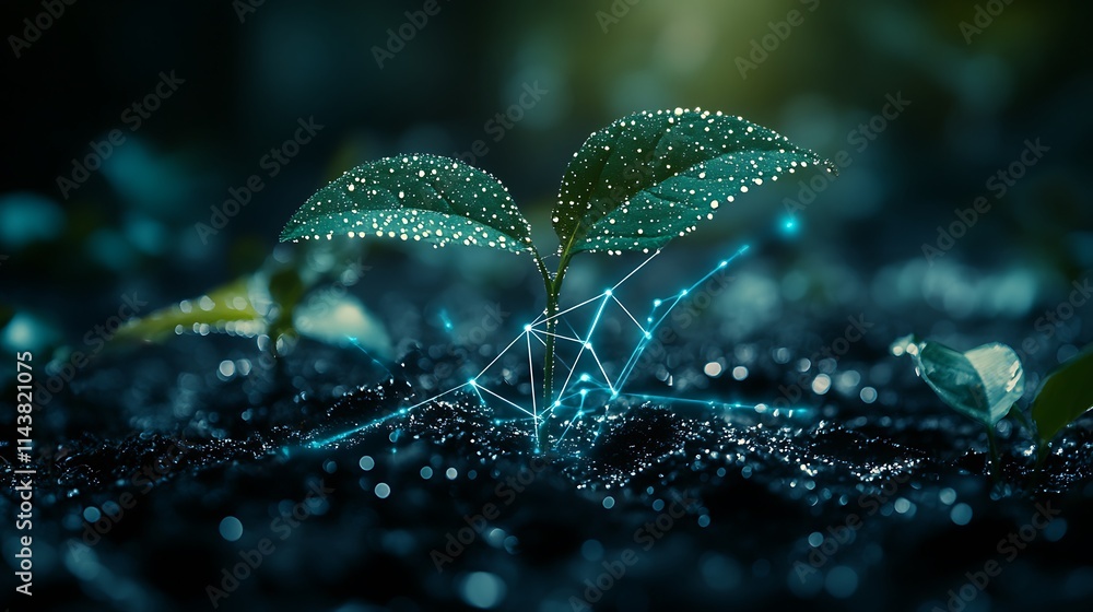 Aufkleber digital concept of seedling growth with water drops and abstract network connection elements