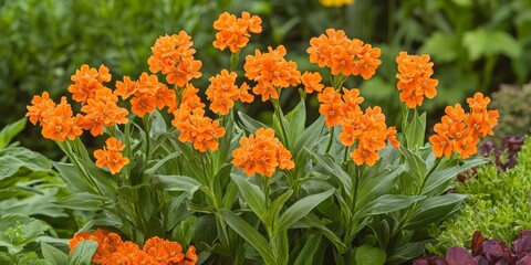 Vibrant Maltes Cross flowers, known botanically as Lychnis chalcedonica, display their striking orange hues, creating a beautiful sight with Maltes Cross blossoms in full bloom.