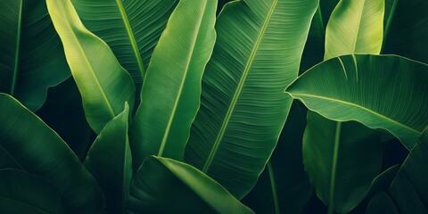 Obraz premium Abstract background featuring vibrant green banana leaves, perfect for design purposes. This banana leaf background offers a fresh and natural aesthetic suitable for creative projects.