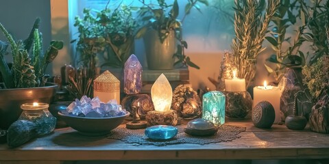 Unconventional approach to mental healing featuring an altar for rituals aimed at removing negative energy and cleansing the aura, illustrating a wicca concept of mental healing.