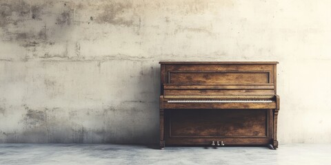 Antique piano placed on a concrete floor, showcasing the vintage piano s unique design and charm amidst the minimalist backdrop of the concrete floor. A perfect setting for the vintage piano.