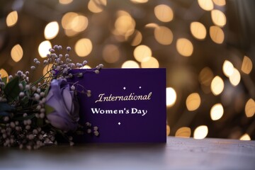 Purple card with "International Women's Day" written on it, celebrating global recognition and festivity, soft artificial lighting.