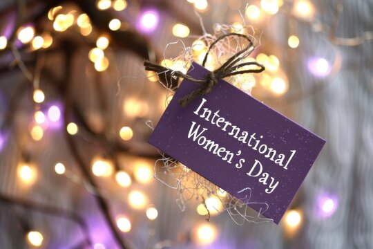 Purple card with "International Women's Day" written on it, celebrating global recognition and festivity, soft artificial lighting.