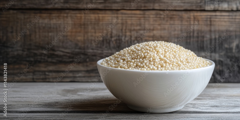 Poster white quinoa grain in a white bowl is beautifully displayed over a rustic wooden background, highlig