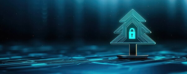 Cyber themed Christmas tree made of glowing circuit boards, with digital locks and keys as ornaments, symbolizing cybersecurity during the holiday season