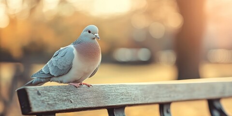 Elegant grey dove perched on a wooden bench outdoors, captured in closeup. This beautiful grey dove presents a perfect opportunity for creative use with space for text.