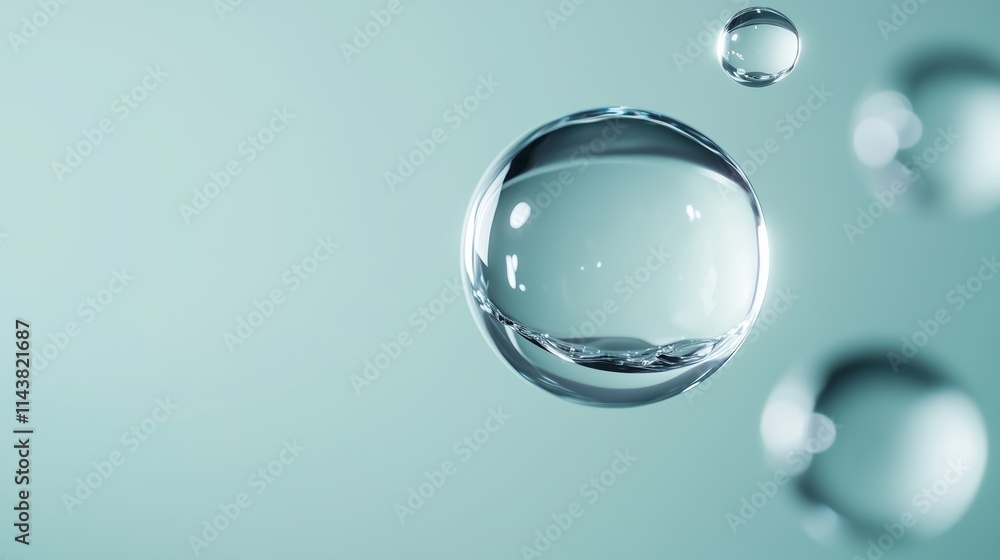Poster bubbles floating in clear liquid create soothing visual effects against a pale background