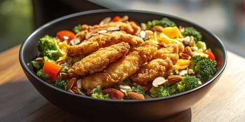 Fototapeta premium Crispy fried chicken tenders served alongside a fresh broccoli salad featuring cheddar cheese, tomatoes, and toasted almonds in a black bowl on a wooden table, showcasing a delightful landscape view.