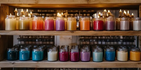Candles displayed on a shelf in a shop create a warm and inviting atmosphere, showcasing a variety of colors and styles, perfect for enhancing any space with these beautiful candles.