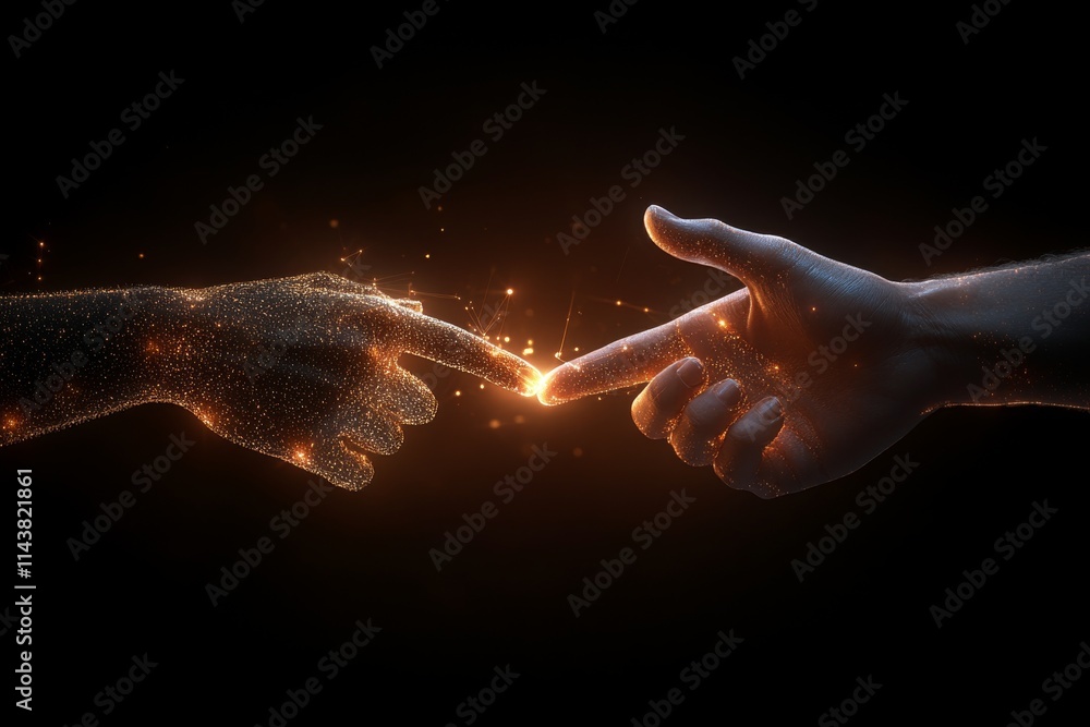 Poster artistic representation of connection between two hands with glowing particles in a dark setting