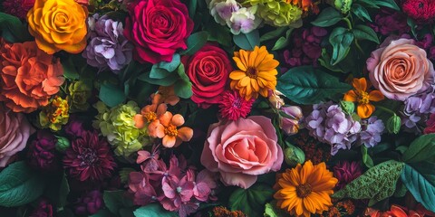 Vibrant bunch of colorful flowers from a top view, showcasing a natural background adorned with diverse colors and beautiful blooms, perfect for capturing the essence of colorful flowers.