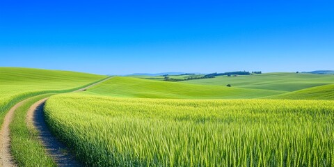 Vibrant green winter wheat fields stretch across the landscape under a sunny spring day, complementing the clear blue sky above and the scenic highway winding through the wheat fields.