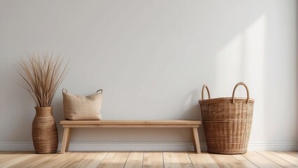 Minimalist Room Decor With Wooden Bench And Woven Basket
