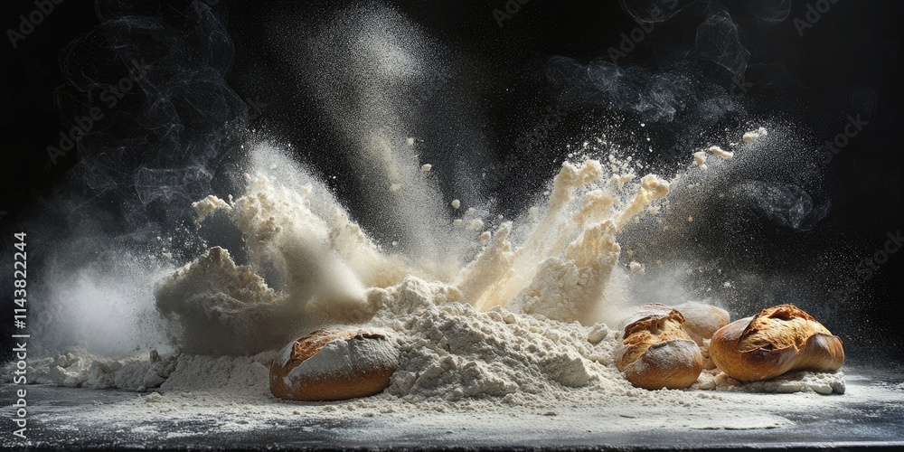 Poster Flour cascading onto a dark table, emphasizing the homemade bread making process. The image captures the essence of flour in the kitchen, showcasing the art of bread preparation beautifully.