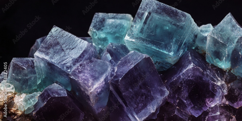 Poster close up of macro fluorite stone mineral displayed against a black background, highlighting the uniq